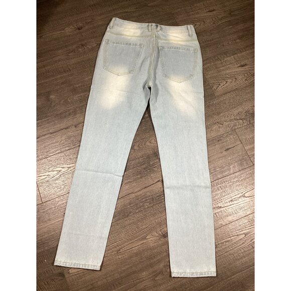 Mens Light Blue Denim Jeans With Red Bat & Skeleton Print Size 28 Streetwear NEW - Picture 4 of 12